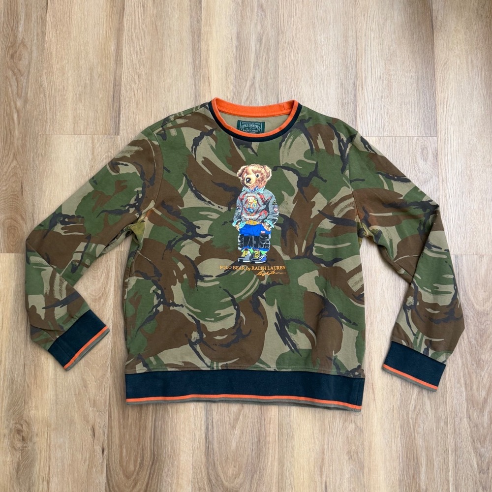 Polo Country Ralph Lauren Camo Polo Bear Crewneck Sweatshirt Large Orange Trim